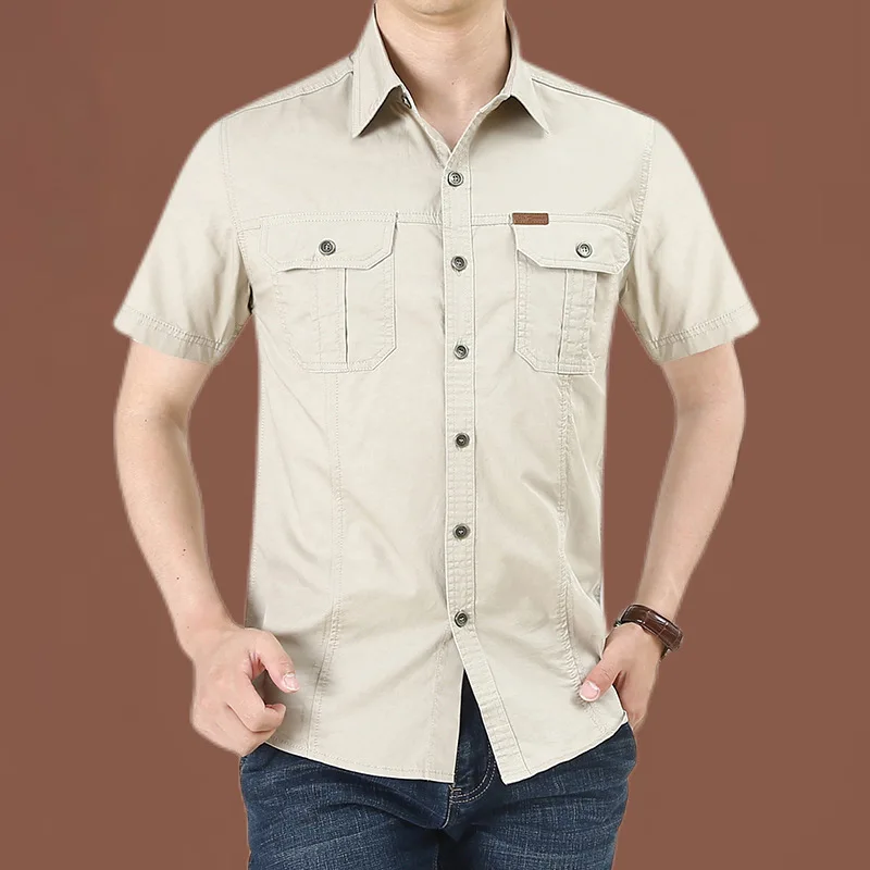 Ha4b7000569724d529eb1f412c221152fM.webp Mens Short Sleeve Cotton Casual Tactical Shirt Half Sleeve for Hiking Climbing Hunting Outdoor Sport Shirt for Men-Beige / XL - Image 1