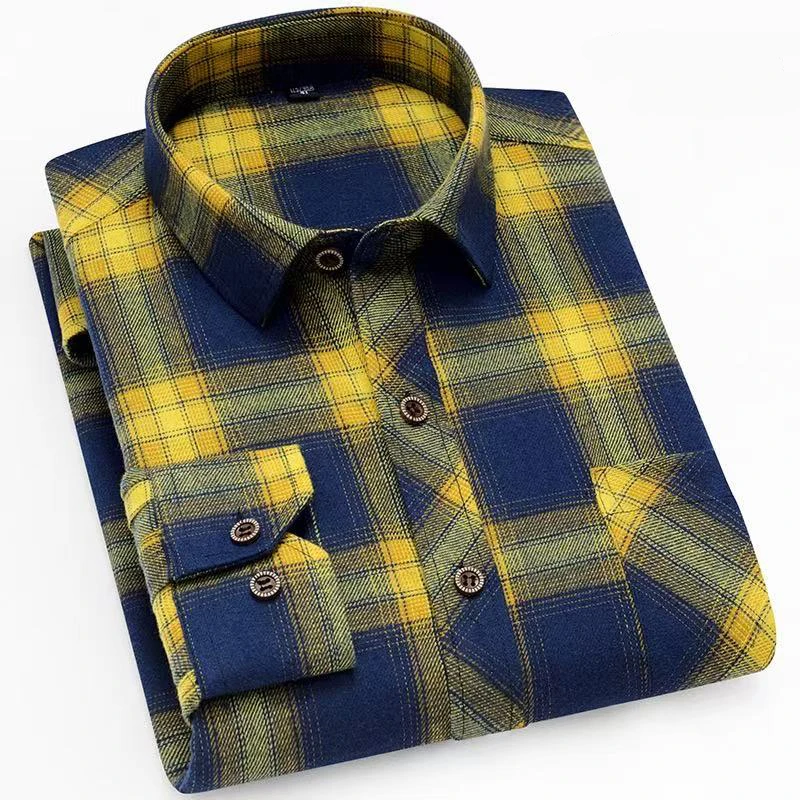 Hb6c1704025a6431b88793a241959be96a.webp New Fashion Plaid Shirt Long Sleeve Shirt for Men-Yellow / 4 XL - Image 1